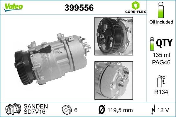 VALEO 399556: Ilmastoinnin kompressori VALEO CORE-FLEX PAG-kompressoriöljyllä