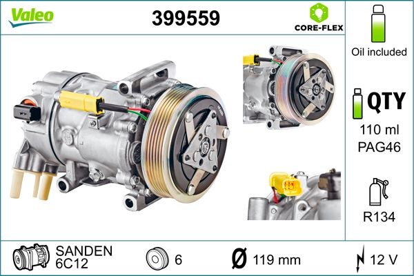 VALEO 399559: Ilmastoinnin kompressori VALEO CORE-FLEX PAG-kompressoriöljyllä