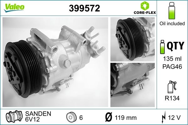 VALEO 399572: Kliimakompressor VALEO CORE-FLEX PAG-kompressoriõliga