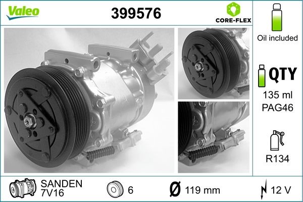 VALEO 399576: AC-kompressor VALEO CORE-FLEX med PAG-kompressorolja