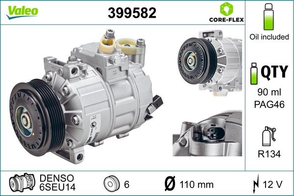 VALEO 399582: Ilmastoinnin kompressori VALEO CORE-FLEX PAG-kompressoriöljyllä
