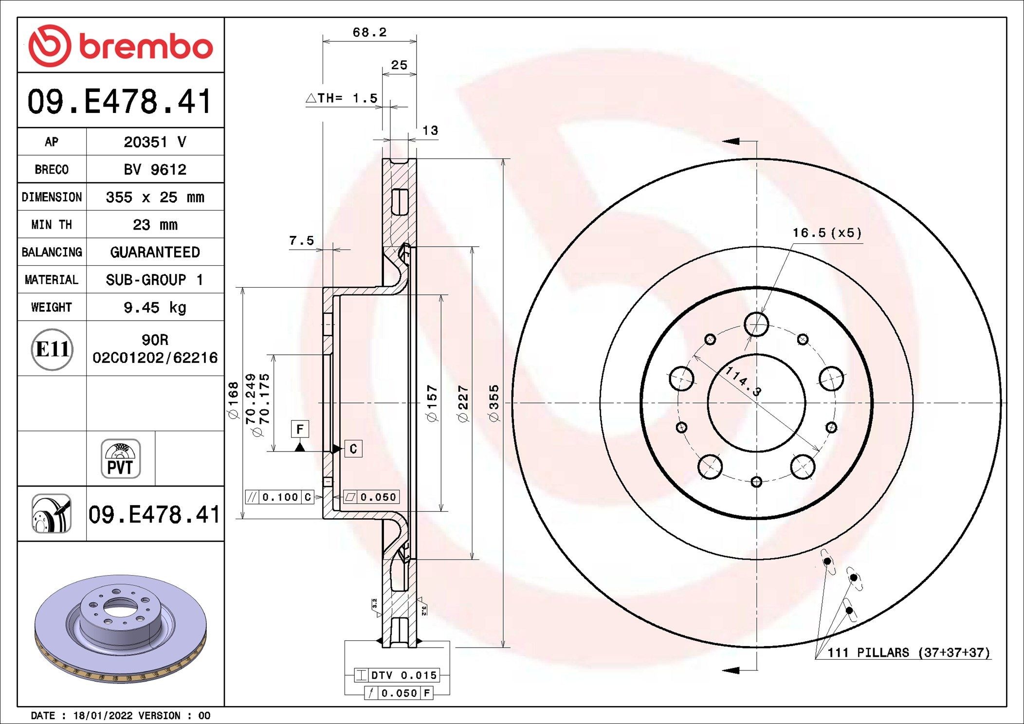 BREMBO 09.E478.41: Disc de frână PRIME LINE - UV Coated Ř: 355mm, ventilat interior, Ř: 355mm, acoperit (cu un strat protector)