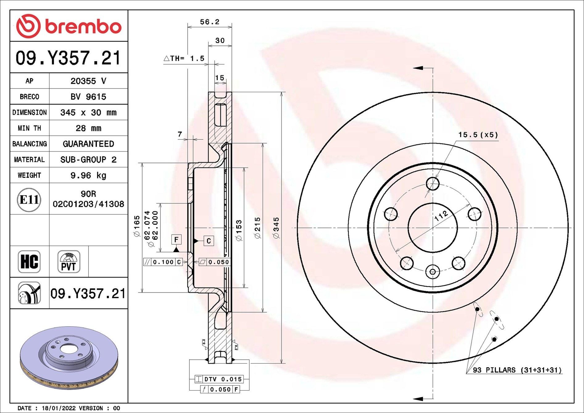 BREMBO 09.Y357.21: Piduriketas PRIME LINE - UV Coated Ø: 345mm, sisemine õhutus, Ø: 345mm, kaetud