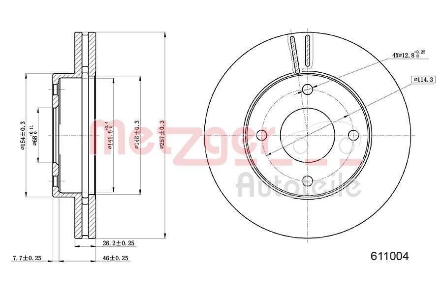 METZGER 6111004: Disc de frână Axa fata stanga, Axa fata dreapta, Ř: 257mm, ventilat interior, Ř: 257mm, lacuit, Șlefuire în cruce