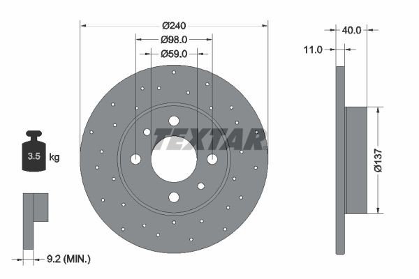 TEXTAR 92316003: Piduriketas PRO Ø: 240mm, täis, perforeeritud, Ø: 240mm, kaetud, ilma rattakeskmeta, ilma rattalaagrita, ilma rattakinnituspoltideta