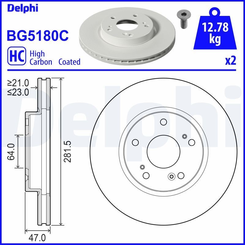 DELPHI BG5180C: Piduriketas Ø: 282mm, õhutusega, Ø: 282mm, kaetud