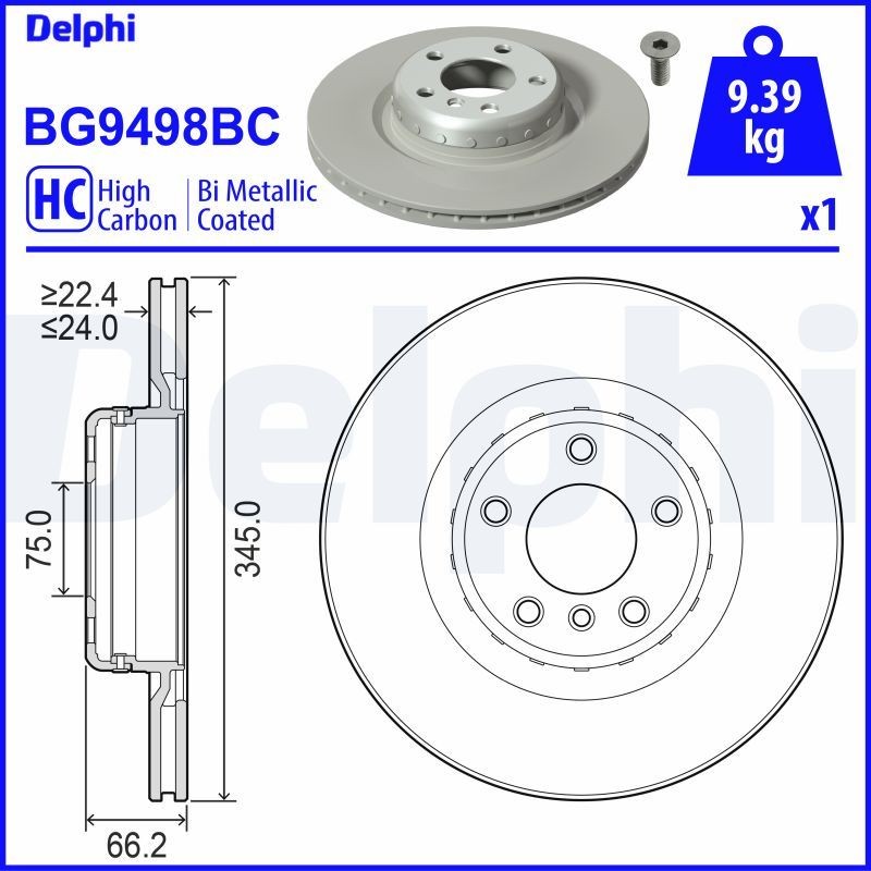 DELPHI BG9498BC: Piduriketas Ø: 345mm, õhutusega, kaheosaline piduriketas, Ø: 345mm, kaetud