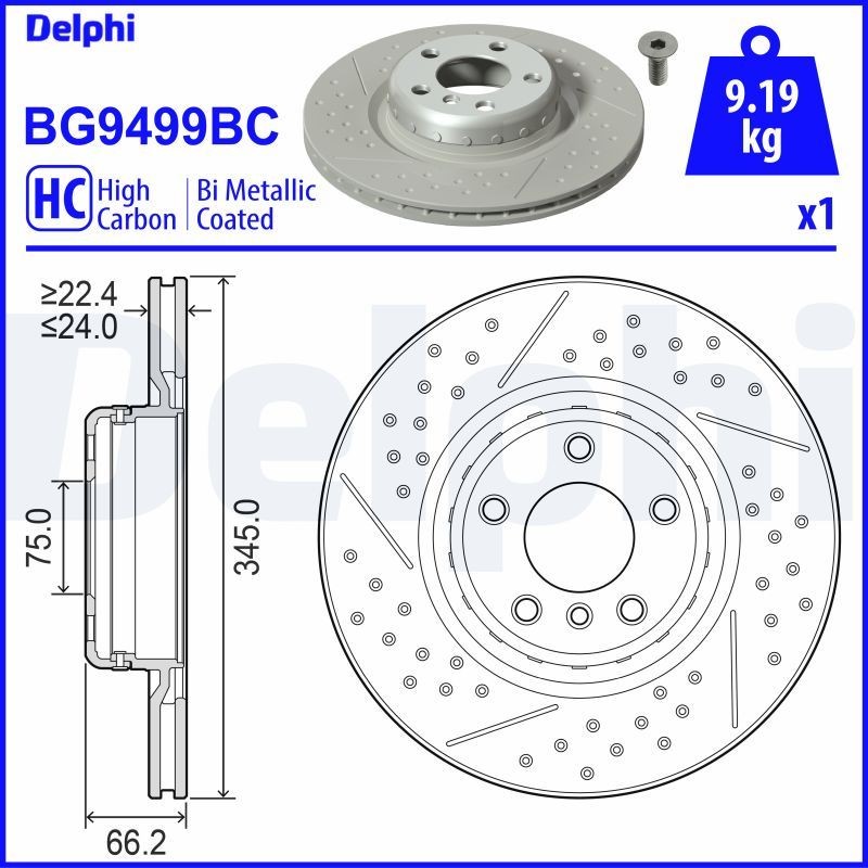 DELPHI BG9499BC: Piduriketas Ø: 345mm, õhutusega, kaheosaline piduriketas, perforeeritud, piludega/augustatud, Ø: 345mm, kaetud