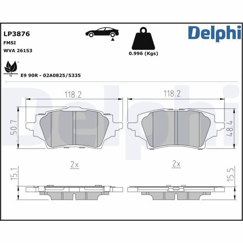 DELPHI LP3876: Piduriklotsid ilma lisavarustuseta, koos kokkusurumisvastase plekiga