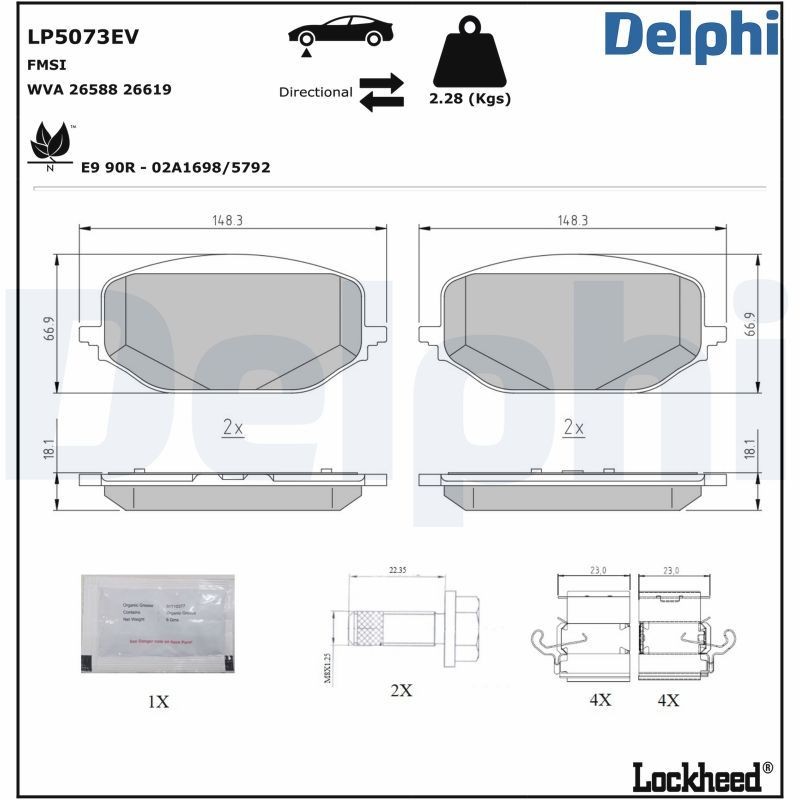 DELPHI LP5073EV: Piduriklotsid koos lisadega, koos kokkusurumisvastase plekiga