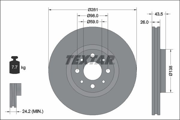 TEXTAR 92344703: Piduriketas PRO Ø: 281mm, sisemine õhutus, Ø: 281mm, kaetud, ilma rattakeskmeta, ilma rattalaagrita, ilma rattakinnituspoltideta