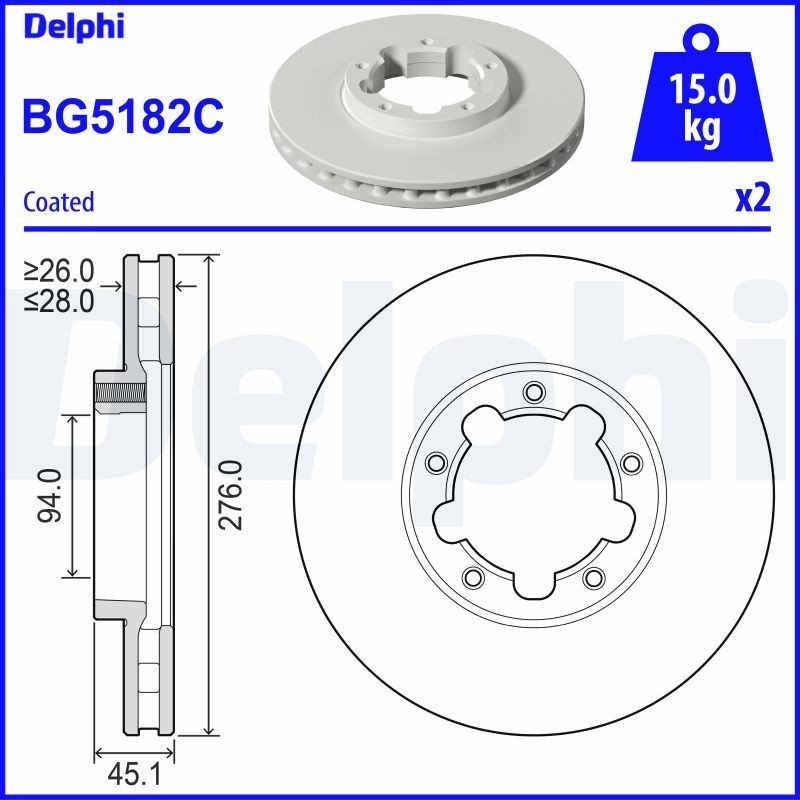 DELPHI BG5182C: Δισκόπλακα Ø: 276mm, αεριζόμενο, Ø: 276mm, με επίστρωση