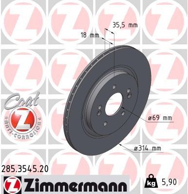 ZIMMERMANN 285.3545.20: Disc de frână COAT Z Ř: 314mm, ventilat interior, Ř: 314mm, acoperit (cu un strat protector)