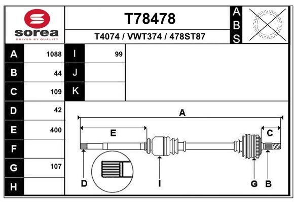 EAI T78478: Arbre de transmission 1088mm