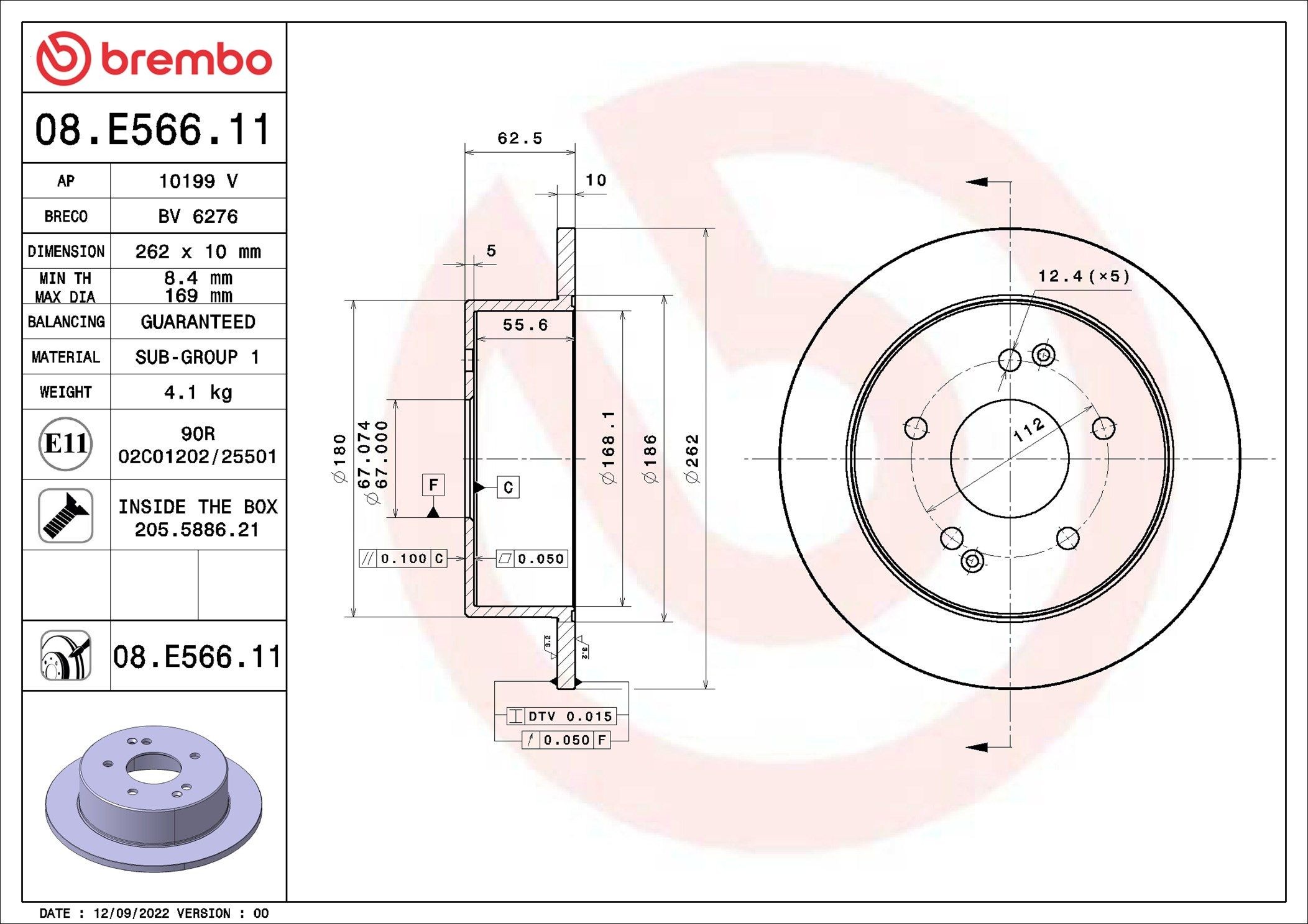 BREMBO 08.E566.11: Piduriketas PRIME LINE - UV Coated Ø: 262mm, täis, Ø: 262mm, kaetud