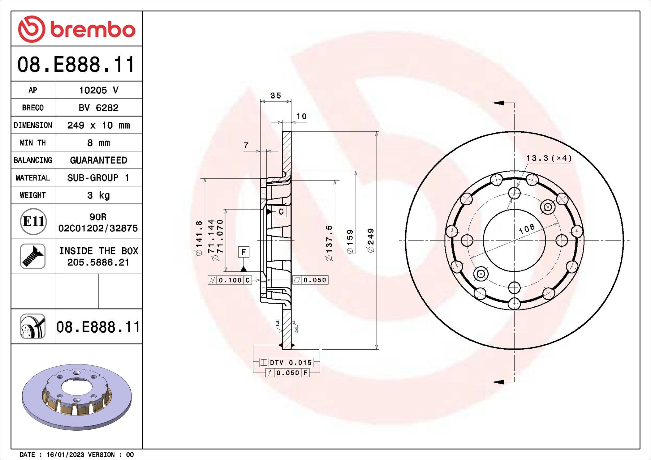 BREMBO 08.E888.11: Piduriketas PRIME LINE - UV Coated Ø: 249mm, täis, Ø: 249mm, kaetud, koos kruvidega
