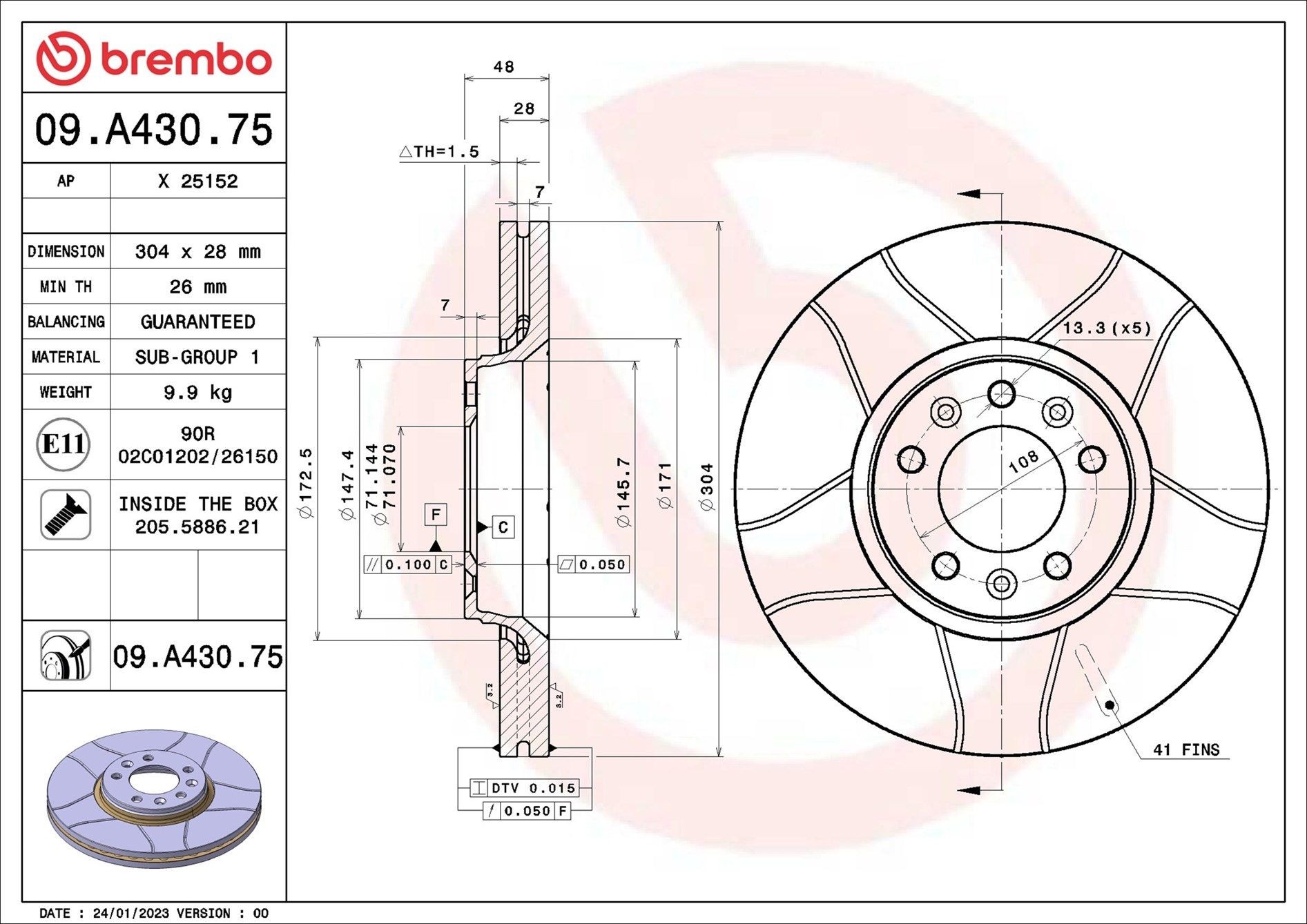 BREMBO 09.A430.75: Piduriketas XTRA LINE - Max Ø: 304mm, sisemine õhutus, piludega, Ø: 304mm, kaetud, koos kruvidega