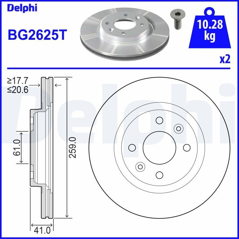 DELPHI BG2625T: Bremseskive Ø: 259mm, ventilert, Ø: 259mm, oljet