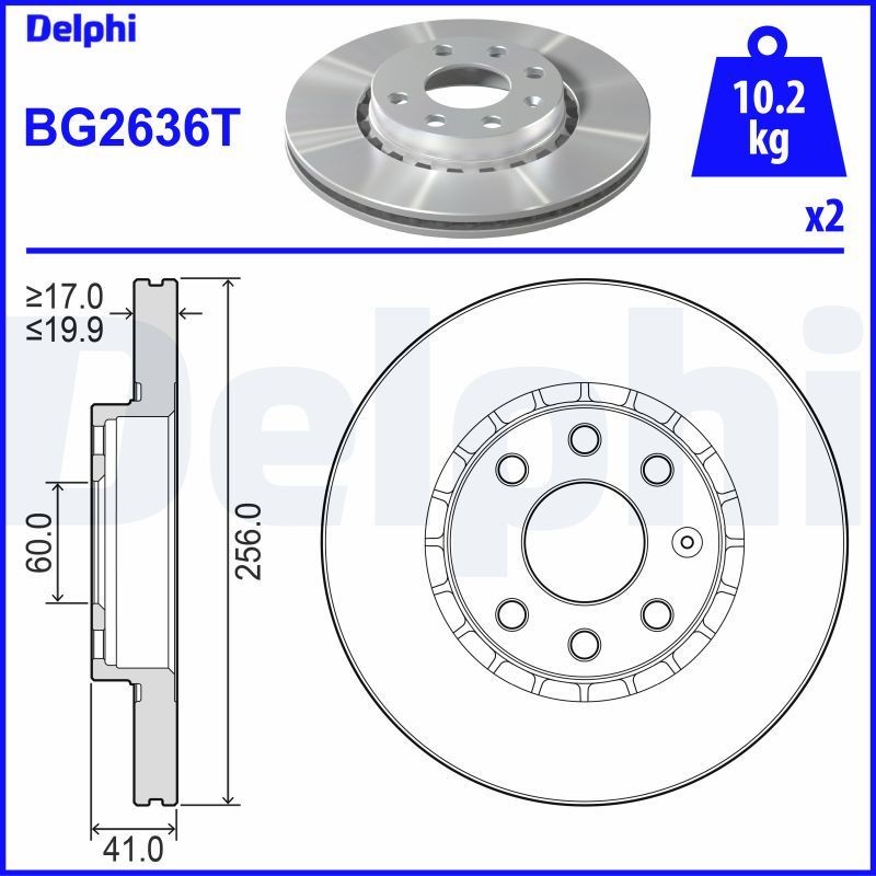 DELPHI BG2636T: Piduriketas Ø: 256mm, õhutusega, Ø: 256mm, õlitatud