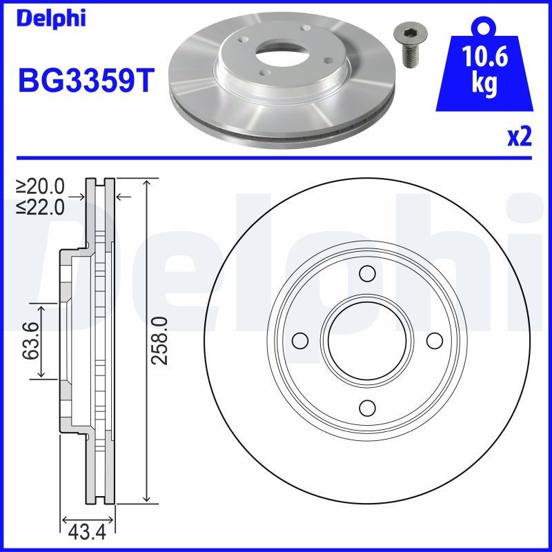 DELPHI BG3359T: Piduriketas Ø: 258mm, õhutusega, Ø: 258mm, õlitatud