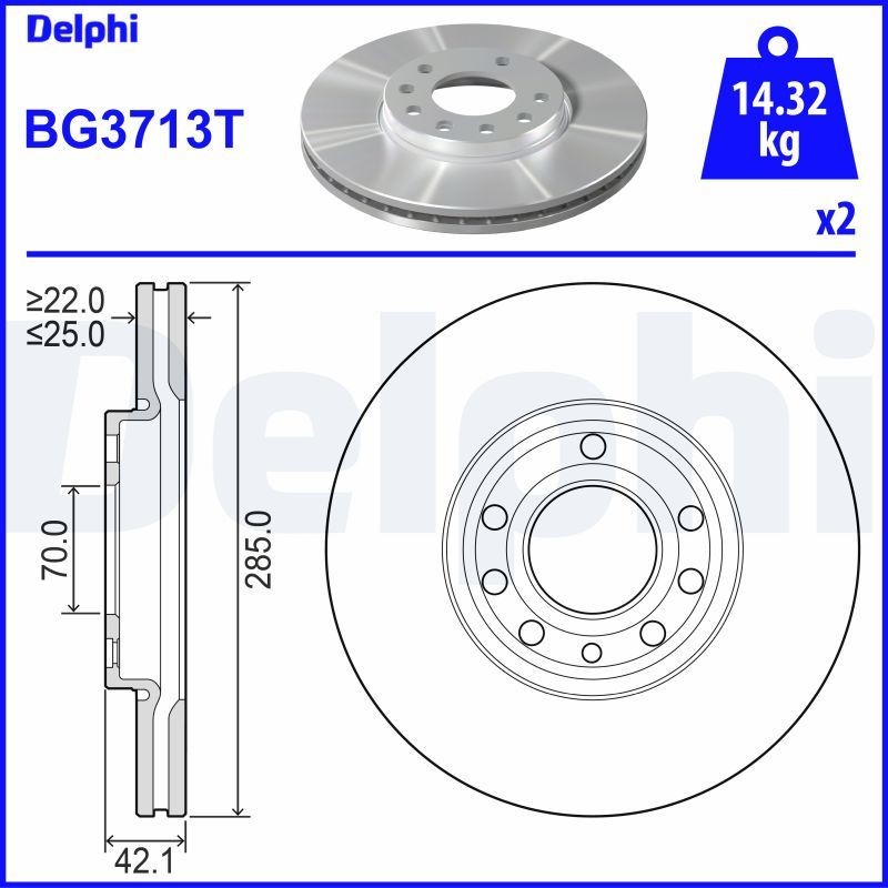 DELPHI BG3713T: Piduriketas Ø: 285mm, õhutusega, Ø: 285mm, õlitatud