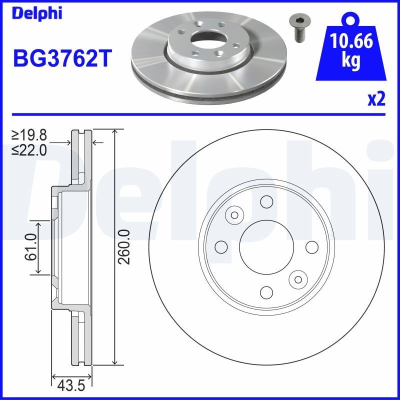 DELPHI BG3762T: Piduriketas Ø: 260mm, õhutusega, Ø: 260mm, õlitatud