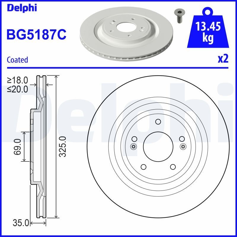 DELPHI BG5187C: Disco de freno Ø: 325mm, ventilado, Ø: 325mm, revestido