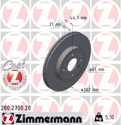 ZIMMERMANN 280.2700.20: Disc de frână COAT Z Ř: 262mm, ventilat interior, Ř: 262mm, acoperit (cu un strat protector)