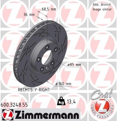 ZIMMERMANN 600.3248.55: Disc de frână BLACK Z Ř: 360mm, ventilat interior, canelat, Ř: 360mm, acoperit (cu un strat protector)
