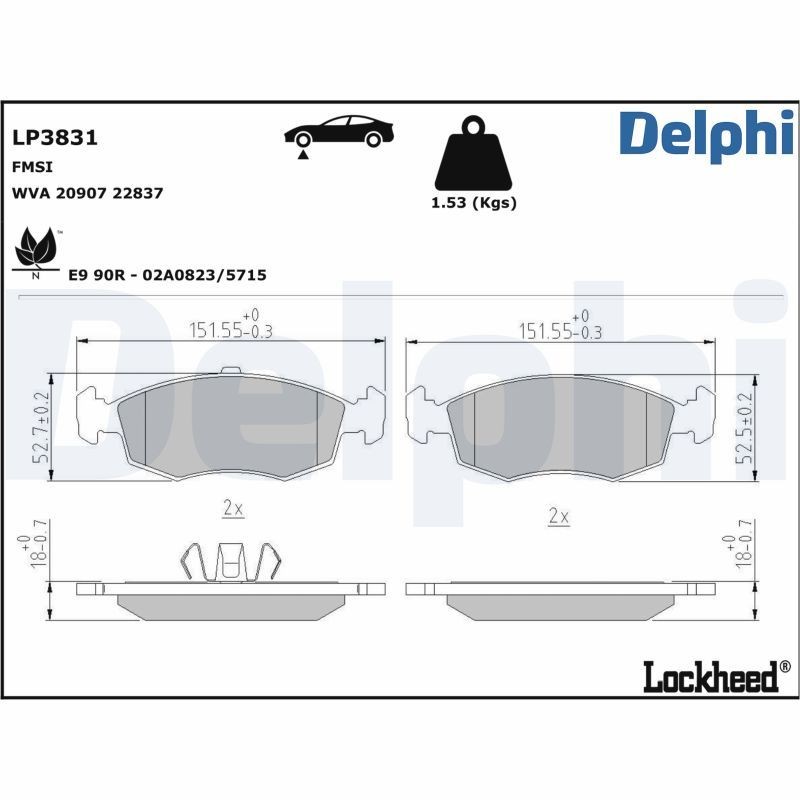 DELPHI LP3831: Piduriklotsid ilma lisavarustuseta, koos kokkusurumisvastase plekiga