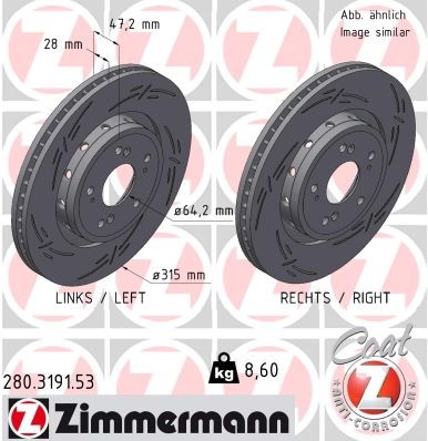ZIMMERMANN 280.3191.53: Disc de frână BLACK Z Ř: 315mm, ventilat exterior, canelat, Ř: 315mm, acoperit (cu un strat protector)