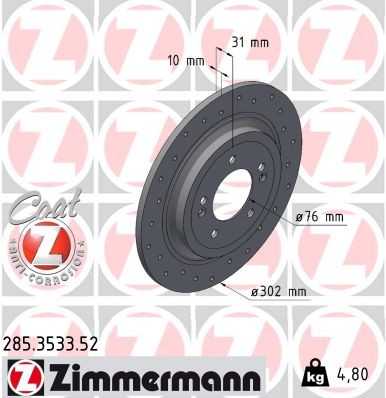 ZIMMERMANN 285.3533.52: Piduriketas SPORT Z Ø: 302mm, täis, perforeeritud, Ø: 302mm, kaetud