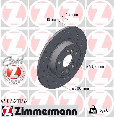 ZIMMERMANN 450.5211.52: Bremžu diski SPORT Z Ø: 300mm, pilnīgi, ar urbumiem, Ø: 300mm, pārklāts