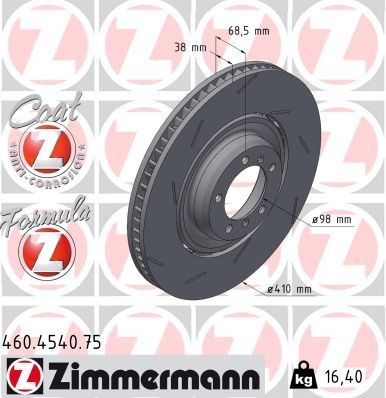 ZIMMERMANN 460.4540.75: Piduriketas FORMULA Z Ø: 410mm, õhutusega, piludega, kaheosaline piduriketas, ujuv piduriketas, Alumiiniumist pidurikettakamber, Ø: 410mm, kaetud