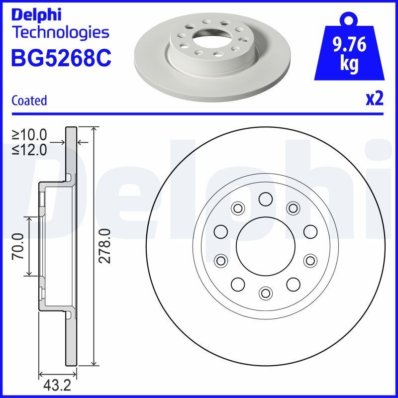 DELPHI BG5268C: Piduriketas Ø: 278mm, täis, Ø: 278mm, kaetud