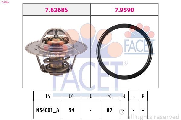 FACET 7.8268: Termostaat, Jahutusvedelik 87°C, 54mm, koos tihendiga, Made in Italy - OE Equivalent