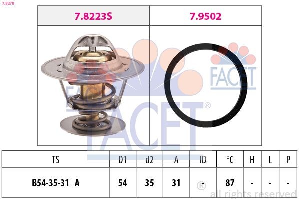 FACET 7.8278: Termostaat, Jahutusvedelik 87°C, 54mm, 35mm, koos tihendiga, Made in Italy - OE Equivalent