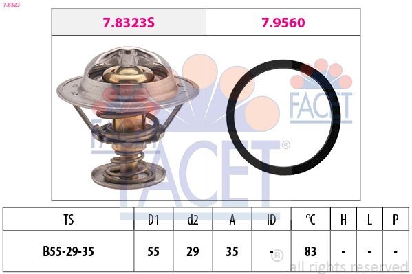 FACET 7.8323: Termostaat, Jahutusvedelik 83°C, 55mm, 29mm, koos tihendiga, Made in Italy - OE Equivalent