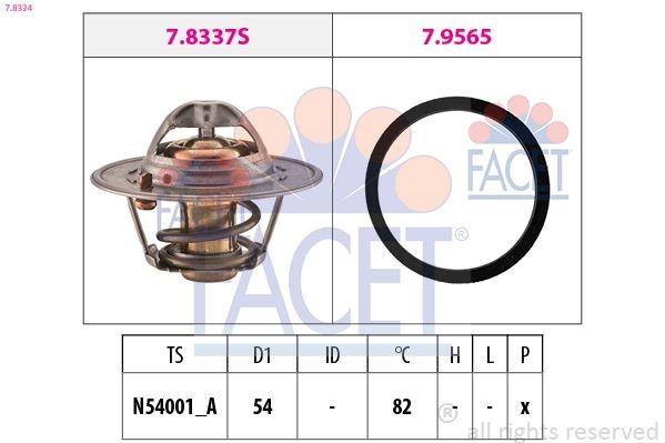 FACET 7.8334: Termostaat, Jahutusvedelik 82°C, 54mm, koos tihendiga, Made in Italy - OE Equivalent