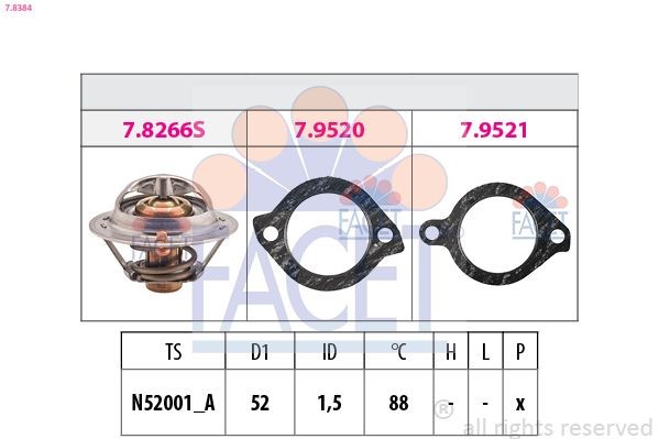 FACET 7.8384: Termostaat, Jahutusvedelik 88°C, 52mm, koos tihendiga, Made in Italy - OE Equivalent