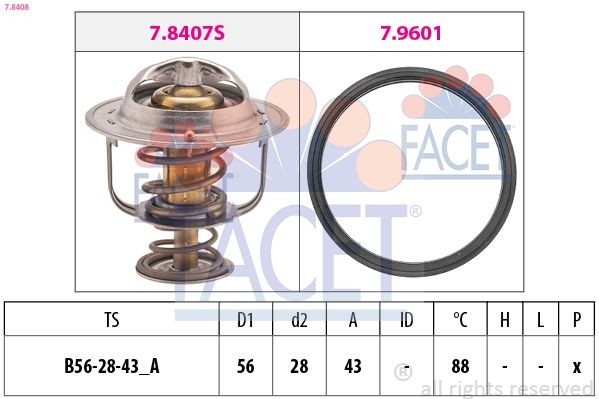 FACET 7.8408: Termostaat, Jahutusvedelik 88°C, 56mm, 28mm, koos tihendiga, Made in Italy - OE Equivalent