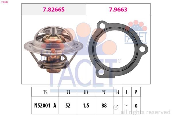 FACET 7.8647: Termostaat, Jahutusvedelik 88°C, 52mm, koos tihendiga, Made in Italy - OE Equivalent