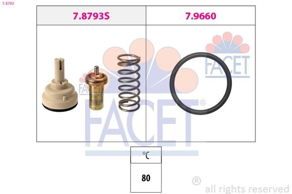 FACET 7.8793: Termostaat, Jahutusvedelik 80°C, koos tihendiga, ilma ühendusdetailideta, Made in Italy - OE Equivalent