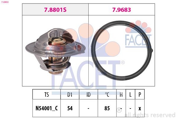 FACET 7.8803: Termostaat, Jahutusvedelik 85°C, 54mm, koos tihendiga, Made in Italy - OE Equivalent