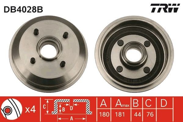 TRW DB4028B: Piduritrummel 180mm, 190mm, koos integreeritud rattalaagriga, ilma ABS- anduriteta