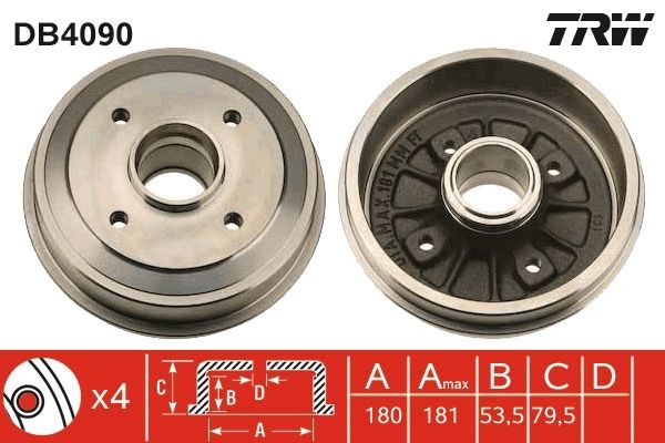 TRW DB4090: Tambur frana 180mm, 194mm