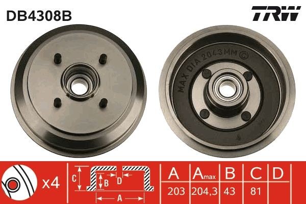 TRW DB4308B: Piduritrummel 203mm, 223mm, koos integreeritud rattalaagriga, ilma ABS- anduriteta