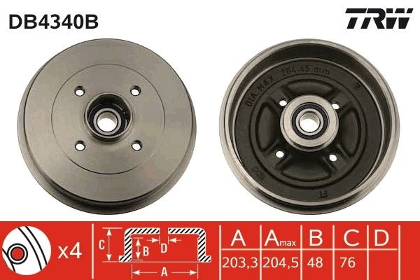 TRW DB4340B: Piduritrummel koos integreeritud rattalaagriga, ilma ABS- anduriteta