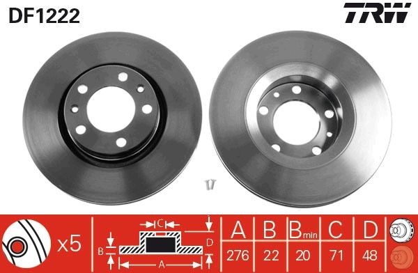 TRW DF1222: Piduriketas Ø: 276mm, õhutusega, Ø: 276mm, värvitud, koos kruvidega
