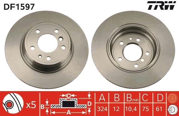TRW DF1597: Piduriketas Ø: 324mm, täis, Ø: 324mm, värvitud